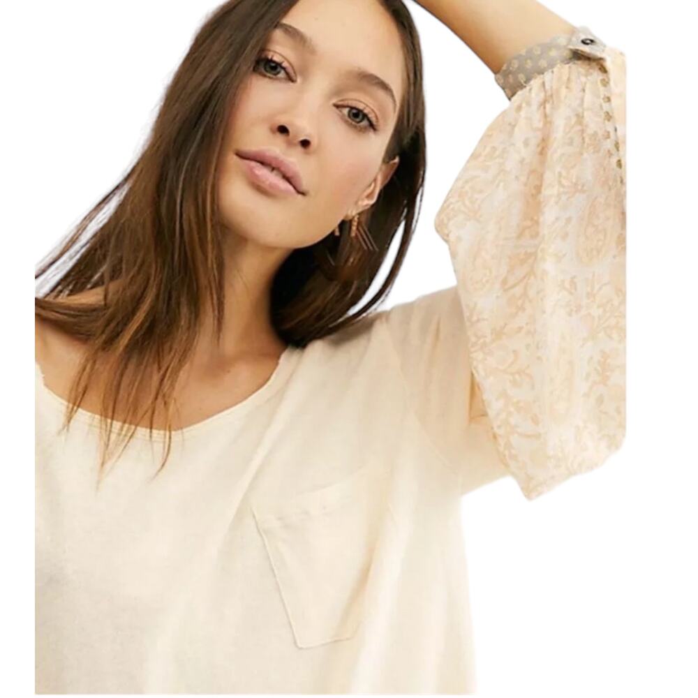 FREE PEOPLE Jade Top Scoop Neck Long Balloon Sleeve Peasant Blouse Ivory Small